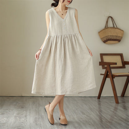 Summer New Japanese Loose Solid Color Cotton Linen V-neck Sleeveless Dress For Women