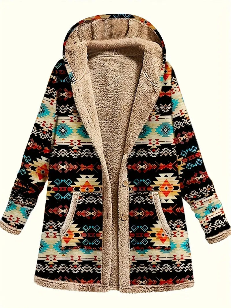 Cotton And Linen Printed Hoodie Warm Plush Coat