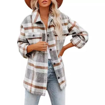 Women's Plaid Buckle Jacket Casual Fashion Long Sleeve Coat