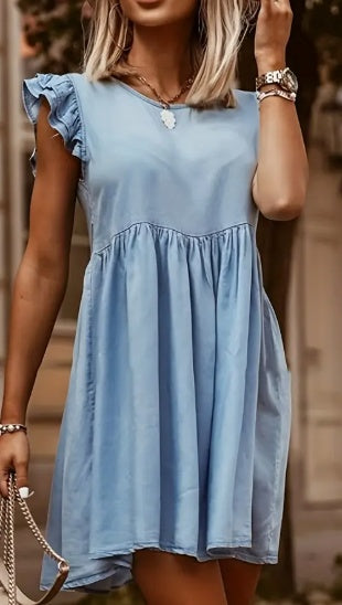 Chic Sky Blue Denim Dress With Ruffle Detail - Casual Round Neck, Loose Fit & Single-Breasted Design For Everyday Wear