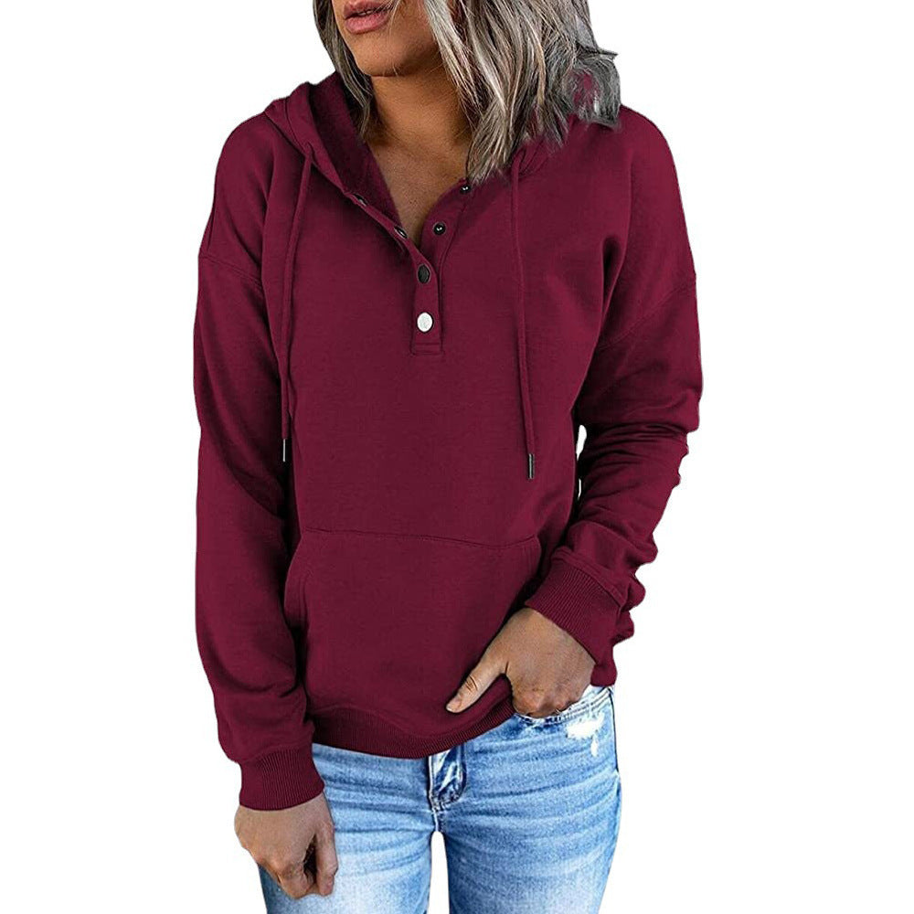 Long-sleeved Hooded Sweatshirt With Pockets Fashion Casual Button Drawstring Design Hoodie Top Spring And Autumn Sports Clothing For Women