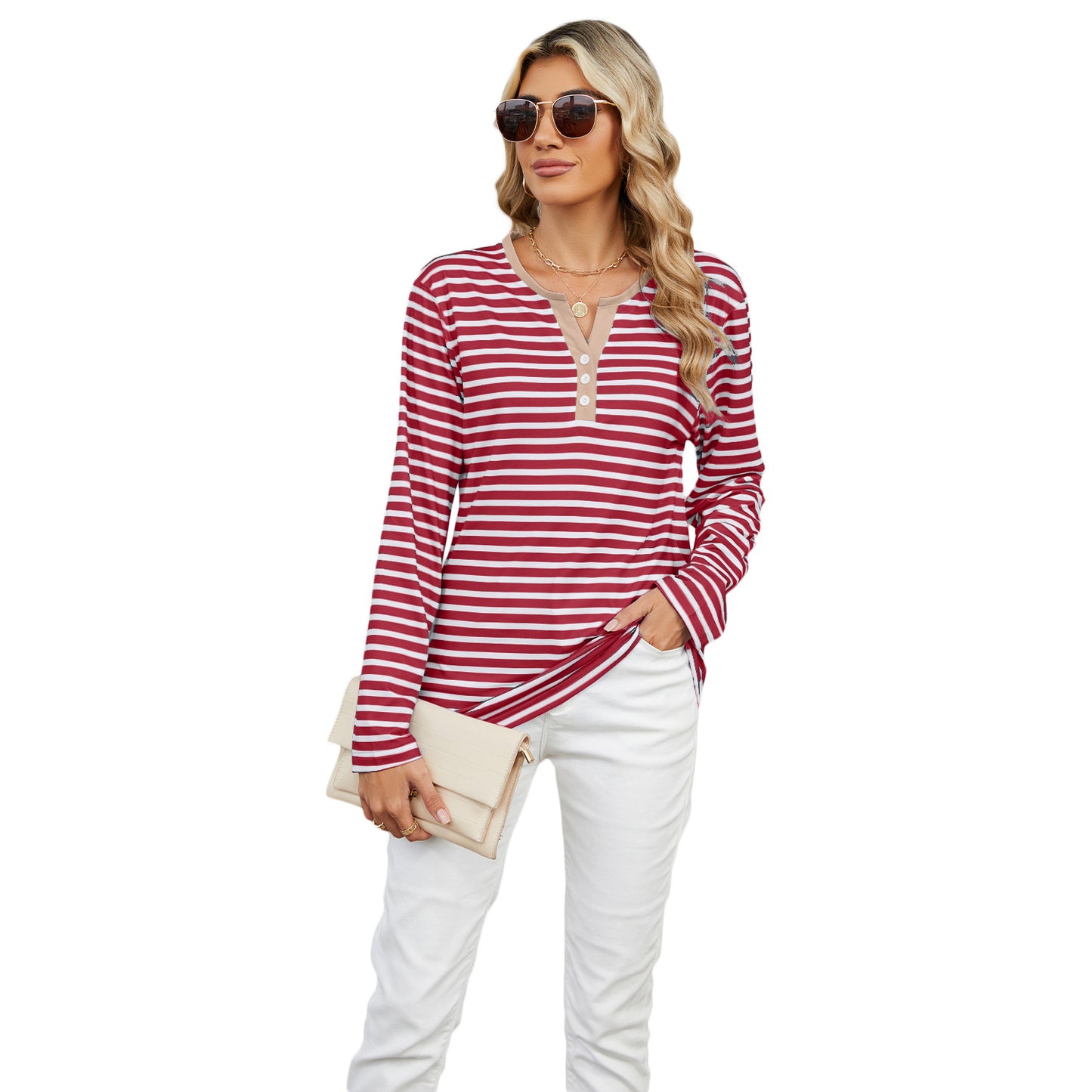 Women's V-neck Striped Loose Long-sleeved T-shirt Top